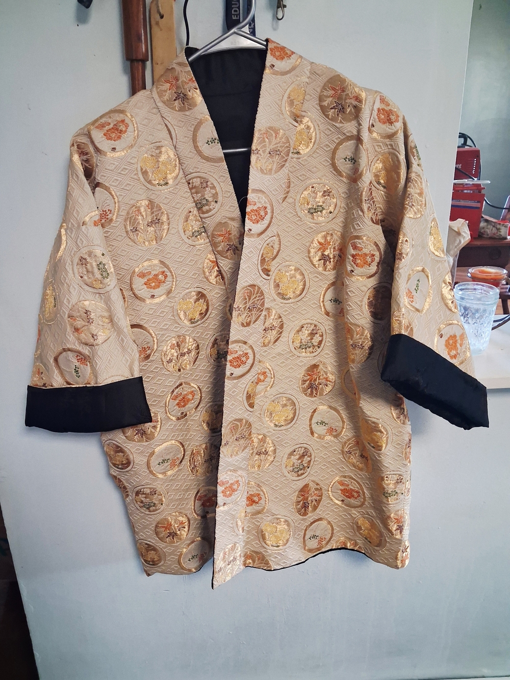 Beige Brocade Lightweight Shirt Jacket with Gold Medallion Motif